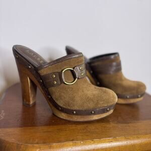 Vintage Y2K Ralph Lauren Brown Suede Studded Clogs Mules Wooden Block Heels 7 M